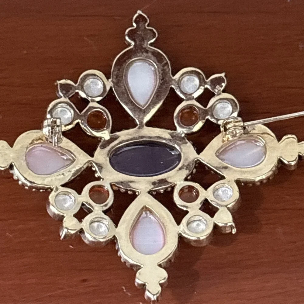 Multicolor Pink Purple Amber Cabochon Gold Brooch Pin Bold Flower Cross Shape
